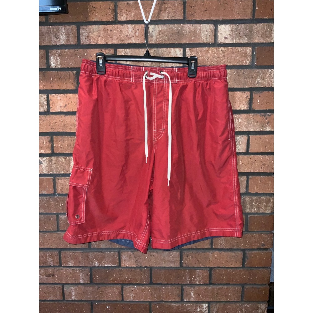 Speedo Mens Red Board Shorts Swim Trunks Mesh Lining Cargo Pocket Size L